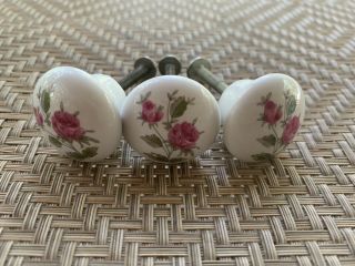 Set Of 3 Vintage White Porcelain Pink Roses Green Leaves Drawer Pulls