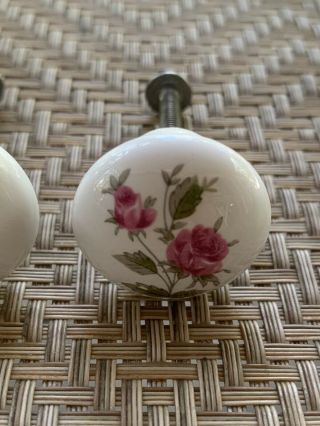 Set Of 3 Vintage White Porcelain Pink Roses Green Leaves Drawer Pulls 2
