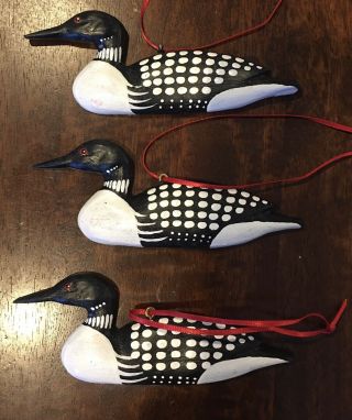 Set Of 3 Loon Wood Christmas Ornaments Hand Painted And Signed Ducks
