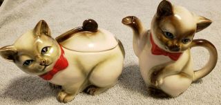 Vintage Ceramic Siamese Cat Creamer & Sugar Bowl W/lid Japanese Kasuga Ware