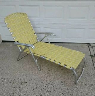 Vtg Aluminum Webbed Folding Chaise Lounge Chair Adjustable Yellow White 1970
