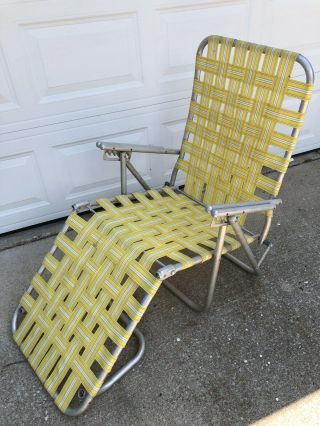 VTG Aluminum Webbed Folding Chaise Lounge Chair Adjustable Yellow white 1970 3