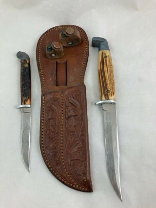 Vintage Queen Double Stag Handle Knife Set With Leather Sheath