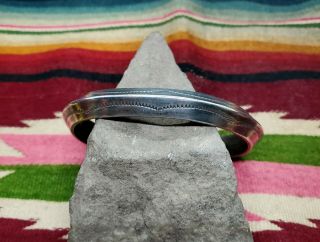 Vintage Navajo Heavy Sterling Silver Carinated Bracelet Cuff Signed Tahe
