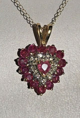 Vintage 14k Gold Rubies Diamonds Heart Cluster Pendant & 14k Necklace Solid Gold