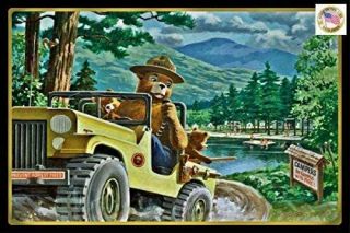 Classic Smokey Bear 8 " X12 " All Weather Metal Log Cabin Decor Rustic Distressed