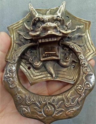 Authentic China Fengshui Brass Dragon Head Mask Statue Door Knocker Expel Evil