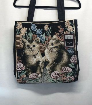 Cat Tote Shoulder Medium Bag Embroidered Cute Cats Groceries Eco Friendly