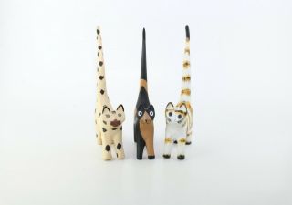 3 Folk Art Hand Carved & Painted Wood Extra Long Tail Kitty Cats Figurines