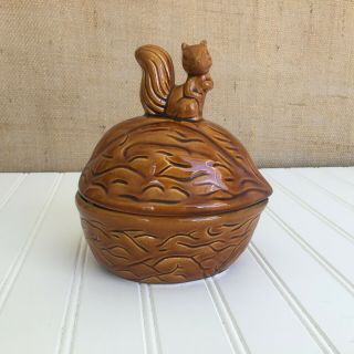 Vintage Ceramic Lidded Nut Dish Shaped Walnut With Squirrel On Top Ta