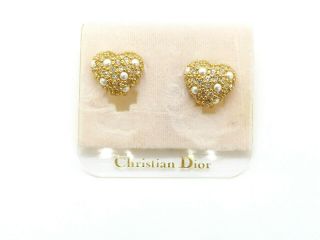 Christian Dior Vintage Nwt Gold Tone Faux Pearl & Crystal Heart Clip - On Earrings