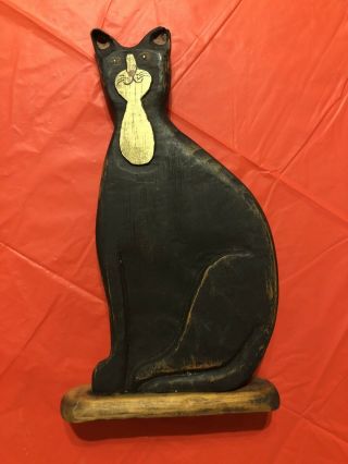 Vintage Wooden Hand Carved Black White Cat Figurine 10 Inch Folk Art Primitive