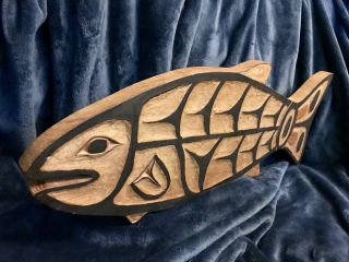 Vtg Native Northwest Coast Carved Wood Figure Salmon Fish Statue Sculpture 24”