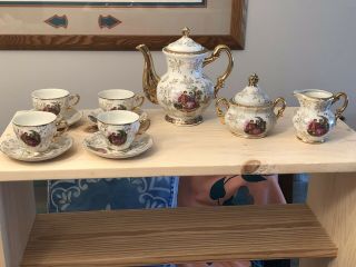 Vintage 13 Piece Tea Set Gold Trim Porcelain Made Japan Colonial Courting Couple