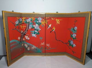 Vintage Room Divider 4 - Panel Screen Oriental Asian Painted Birds Cherry Blossom