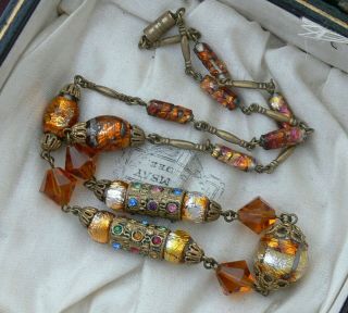 Vintage Art Deco Czech Bohemian Gold Foil Glass Bead & Paste Necklace Neiger