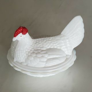 Vintage White Milk Glass Hen Chicken On Nest Red Head Covered Dish