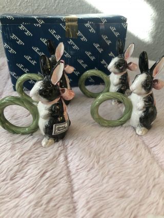 Htf Vintage Fitz & Floyd Pansy Parade Bunny Rabbit Napkin Rings Set Of 4