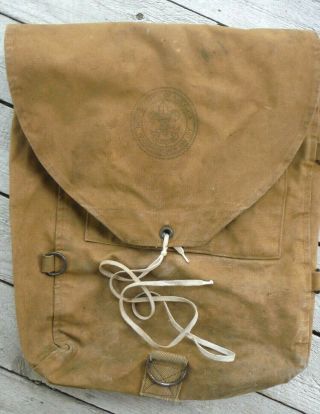 Antique Vintage Boy Scouts Bsa Canvas/leather Backpack Bag,  14 " X 17 " - Vgc