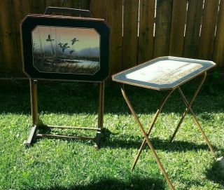 Mid Century Loonies Scenic Metal Tv Trays Set Of 4 W/ Wheeled Stand