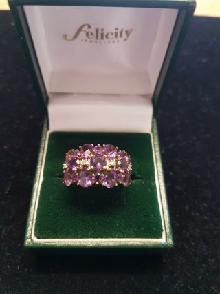 Vintage Qvc 9ct.  Gold Amethyst With Diamonds Chippings Ring 4 Grams Size N