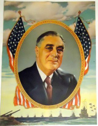 Vintage 1942 President Franklin Roosevelt Wwii Window Poster W/ Battleships Fdr