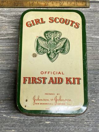Vintage Girl Scouts First Aid Kit Tin Container Johnson Usa Made Official Green