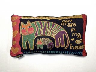 Laurel Burch Cat Tapestry Throw Pillow Lumbar " You Are In My Heart " Home Decor
