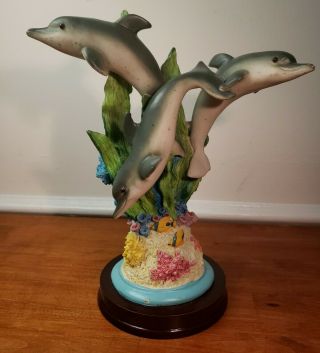Grey Dolphin Pod Resin Figurine Playing Over Coral Reef On Wood Base 11 " Tall