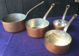 Vintage French Copper Pan Set Of 4 Riveted Iron Handles Saucepan & Tin Lined