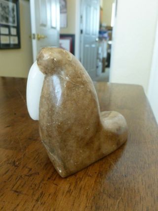 Vintage Carved Stone Walrus Figurine With Inlaid Quartz Tusks - Brown W/white