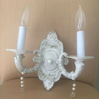 Pair (2) White Shabby Chic / French Country Double Arm Candlestick Wall Sconces