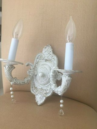Pair (2) White Shabby Chic / French Country Double Arm Candlestick Wall Sconces 3