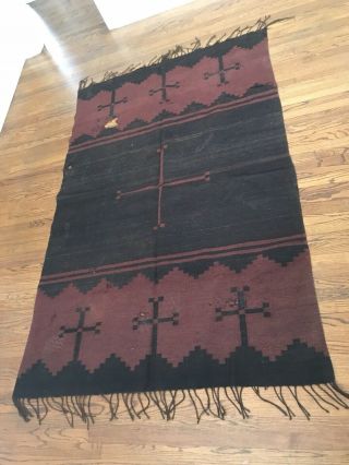 Vintage Native American Indian Heavy Wool Hand Woven Rug Red Black Large 97x 62