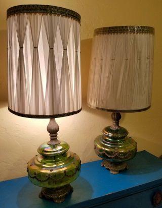 Set Of 2 Vintage Ek 1972 Carnival Glass Lamps