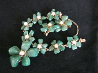 Vintage Swoboda Bracelet,  Brooch And Earrings Jade And Pearls