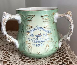 Antique 1898 Tancred Commandery No.  48 American China,  3 Handled Green Loving Cup