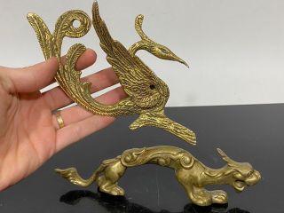 Vtg Architectural Salvage Brass Chinese Dragon & Phoenix Bird Door Handle Pull