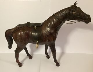 Vintage Leather Horse Figurine Statue Sculpture Glass Eyes Bridle & Saddle 12 " H