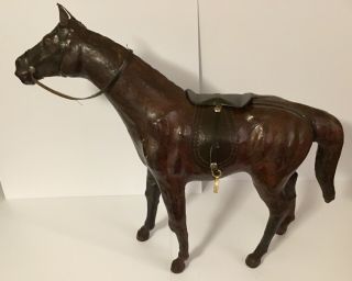 Vintage Leather Horse Figurine Statue Sculpture Glass Eyes Bridle & Saddle 12 