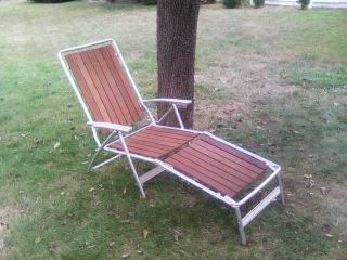 Vintage Mcm Chaise Aluminum & Redwood Slat Folding Lawn Chair Double Barrel Arms