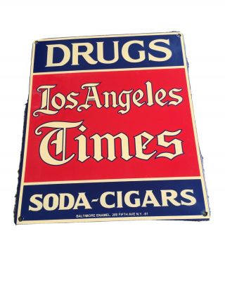 Vintage Los Angeles Times Newspaper Drugs Soda Cigars 12 " Porcelain Metal Sign