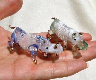 2 Hippopotamus Hippo Hand Blown Art Glass Figurine Miniature - Gift Cute
