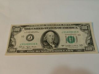 1977 (j) $100 One Hundred Dollar Bill Federal Reserve Note Kansas City Vintage