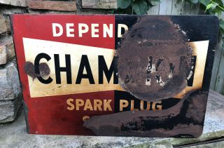 Vtg 1950s Champion Spark Plug Flange Sign Tin Dst Double Sided Tin Patina