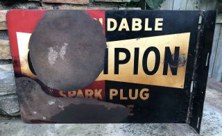 Vtg 1950s Champion Spark Plug Flange Sign Tin DST Double Sided Tin Patina 2
