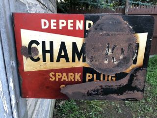 Vtg 1950s Champion Spark Plug Flange Sign Tin DST Double Sided Tin Patina 3