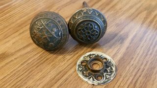Pair Antique Victorian Brass Doorknobs One W/rosette