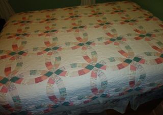 Vintage Double Wedding Ring Patchwork Quilt 84 X 84 W/ 2 Shams Handmade Beauty