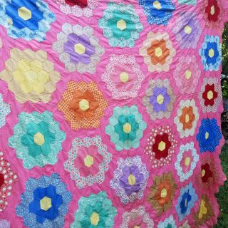 Vintage Grandmothers Flower Garden Patchwork Quilt Top Unfinished Cotton 80x90 3